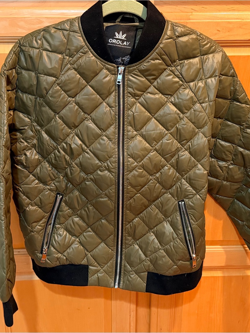 NWOT OROLAY Quilted Bomber Jacket in Olive with Black Trim